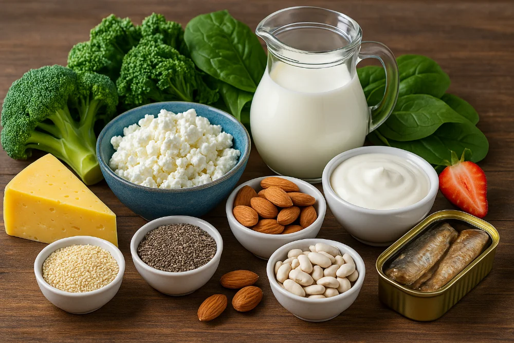 Сир, молоко, броколі, кунжут, чіа, йогурт, тофу, риба та горіхи на дерев’яному столі