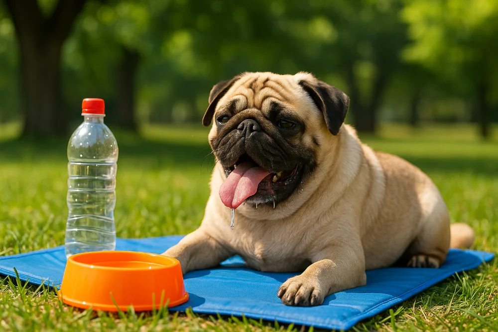 Мопс лежить на килимку з водою та мискою в парку в сонячний літній день