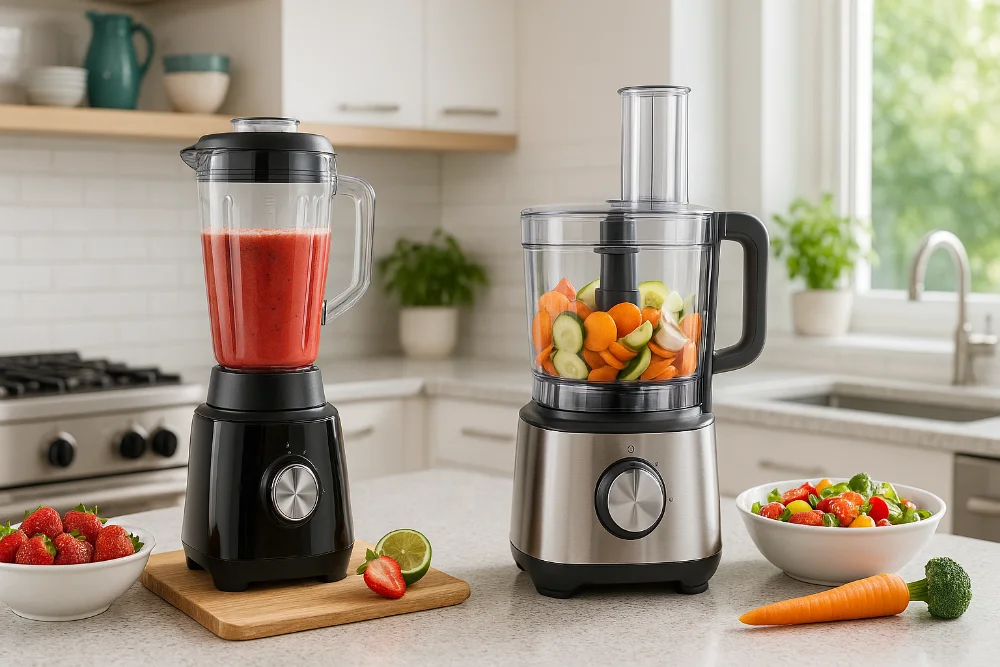 Блендер з полуничним смузі та кухонний комбайн з овочами на столі