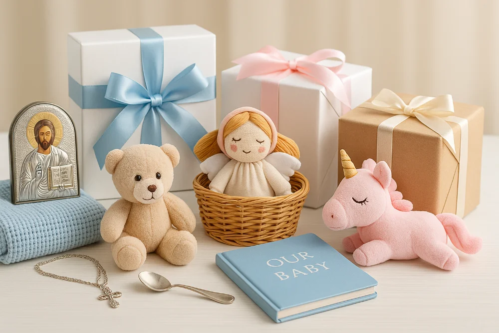 Подарунки на хрестини — хрестик, іграшки, ікона, ложка та фоторамка