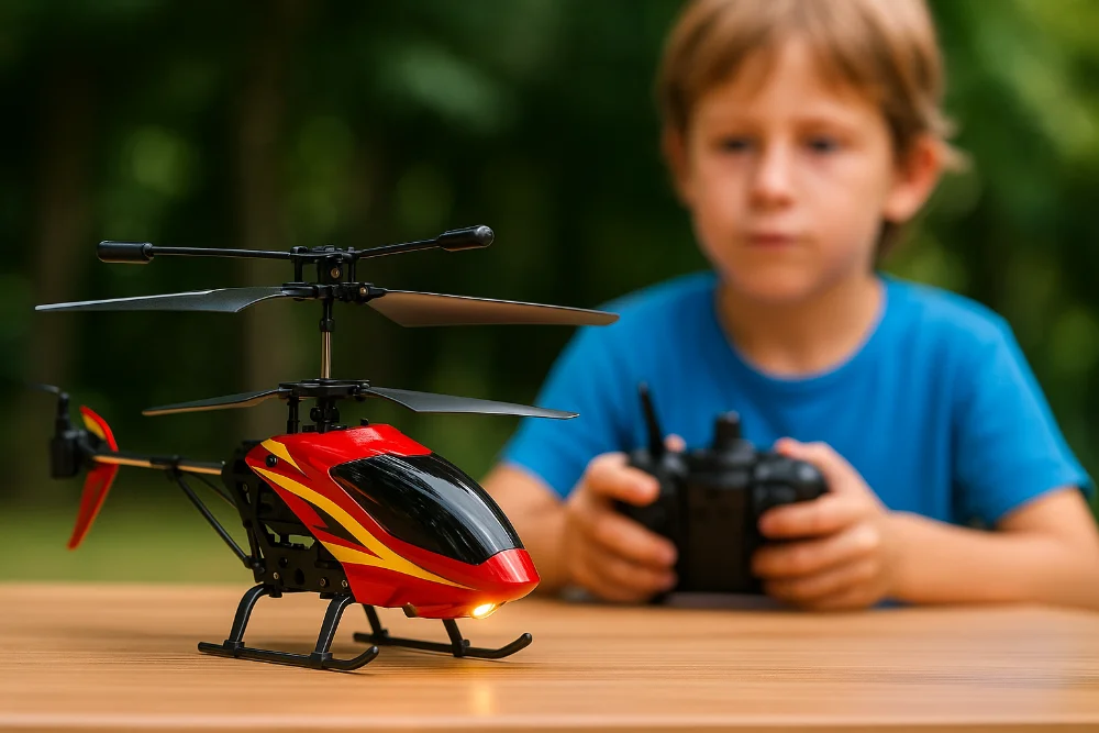 Хлопчик тримає пульт, а перед ним на столі стоїть яскравий вертоліт