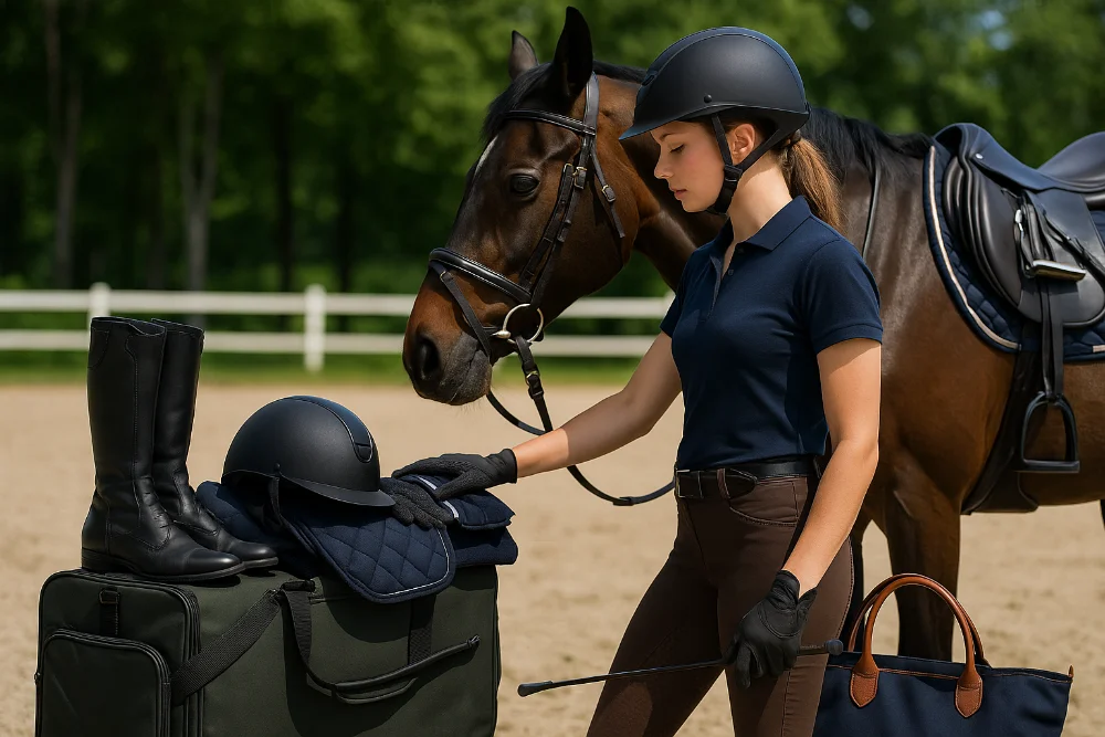 Вершниця з конем і спорядженням для кінного спорту на тлі манежу
