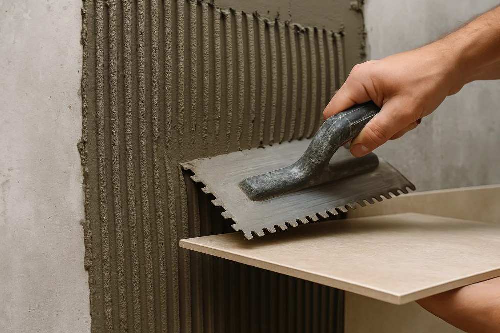 Рука майстра наносить клей для плитки на стіну зубчастим шпателем