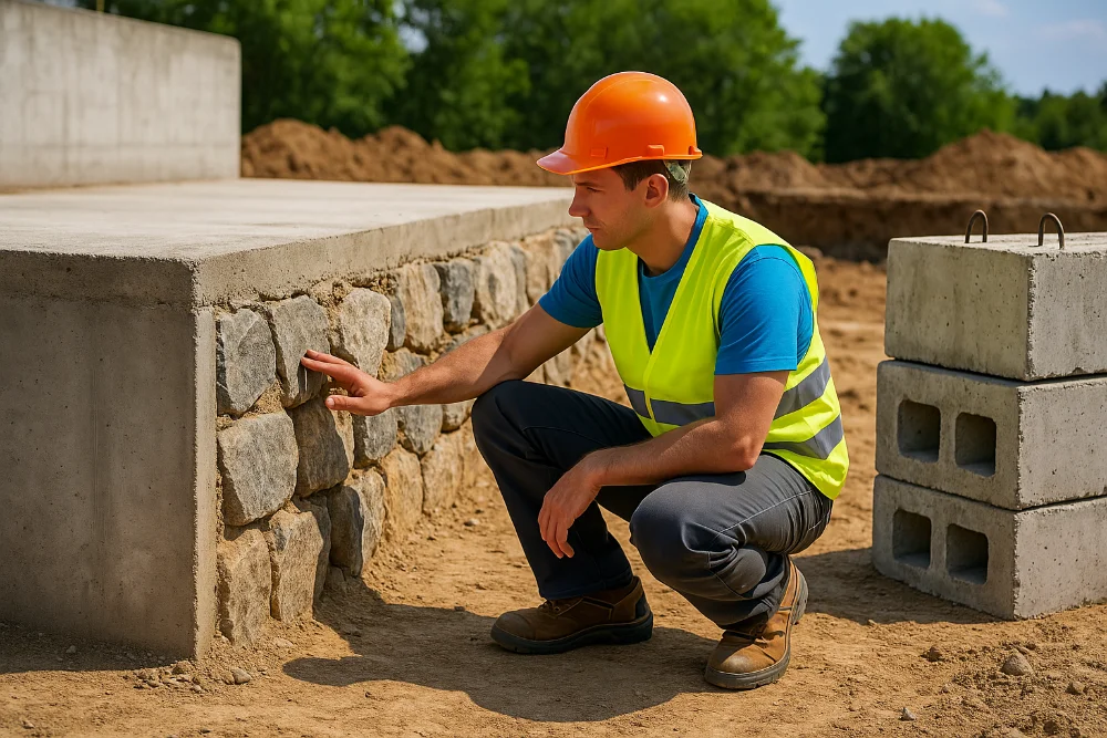 Будівельник оглядає бетон, бутовий камінь і блоки ФБС на місці фундаменту