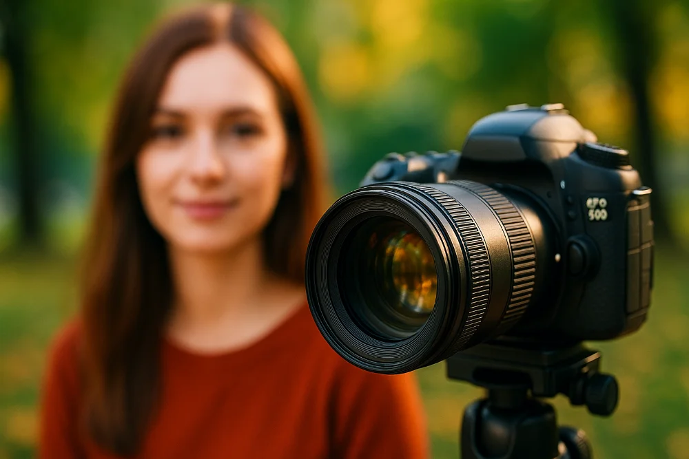 DSLR камера з портретним об'єктивом на передньому плані, модель на розмитому фоні