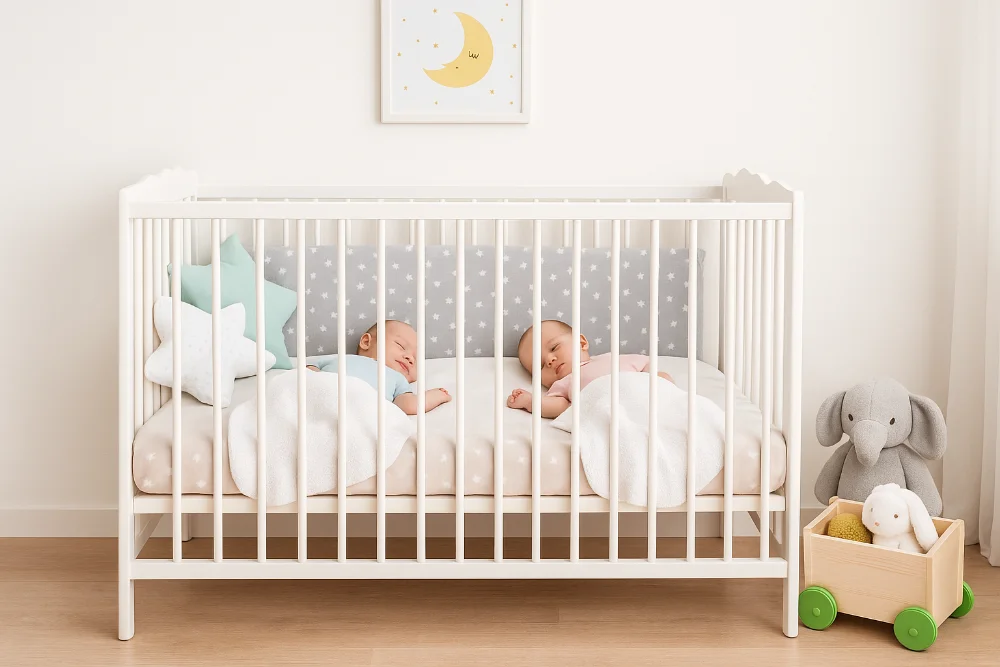 Біле ліжечко з двома немовлятами та м’якими іграшками в інтер'єрі