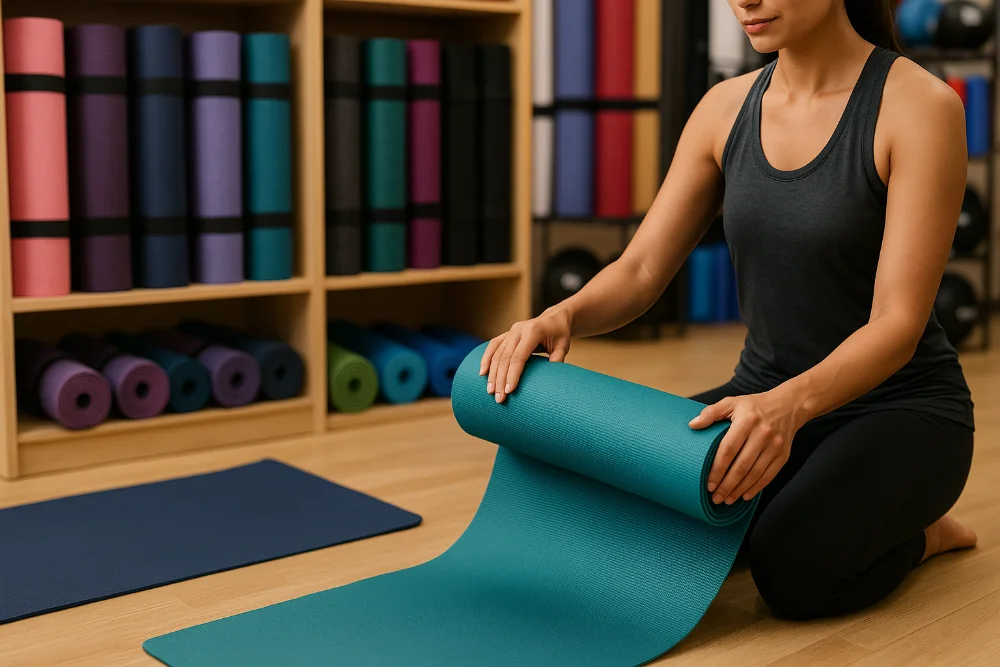 Жінка обирає килимок для йоги серед великого вибору у магазині