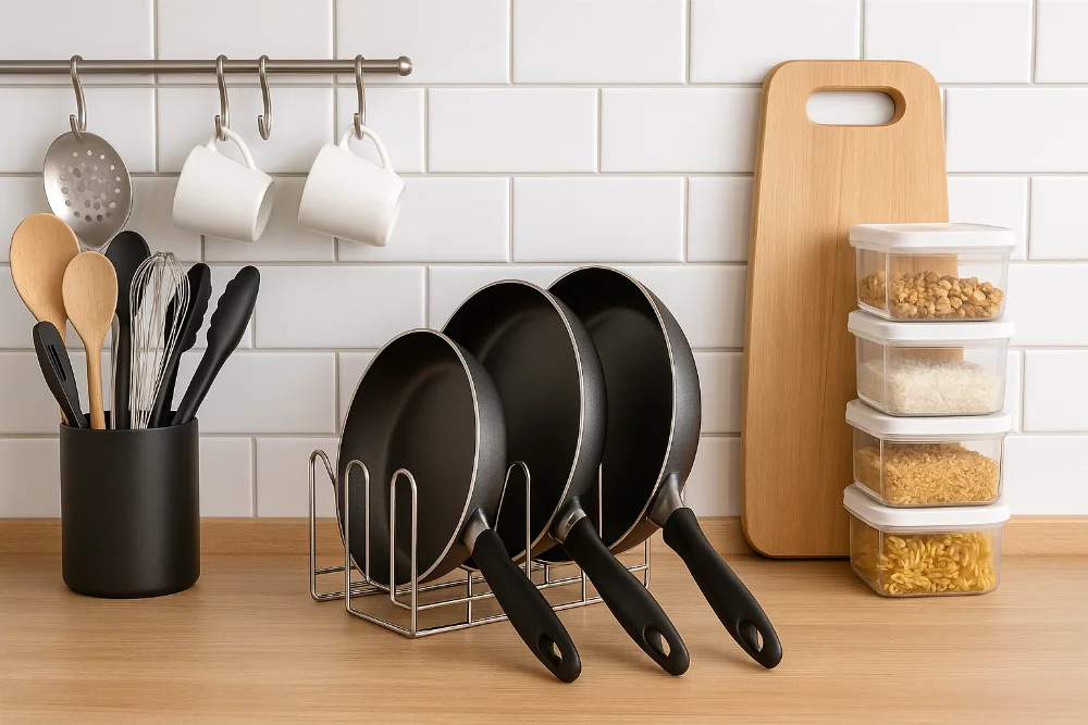Компактне зберігання сковорідок, кухонних інструментів та контейнерів