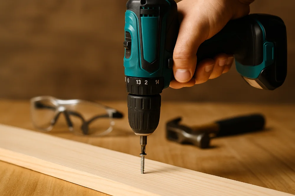 Рукою тримають шурупокрут, який закручує шуруп у дерев’яну дошку