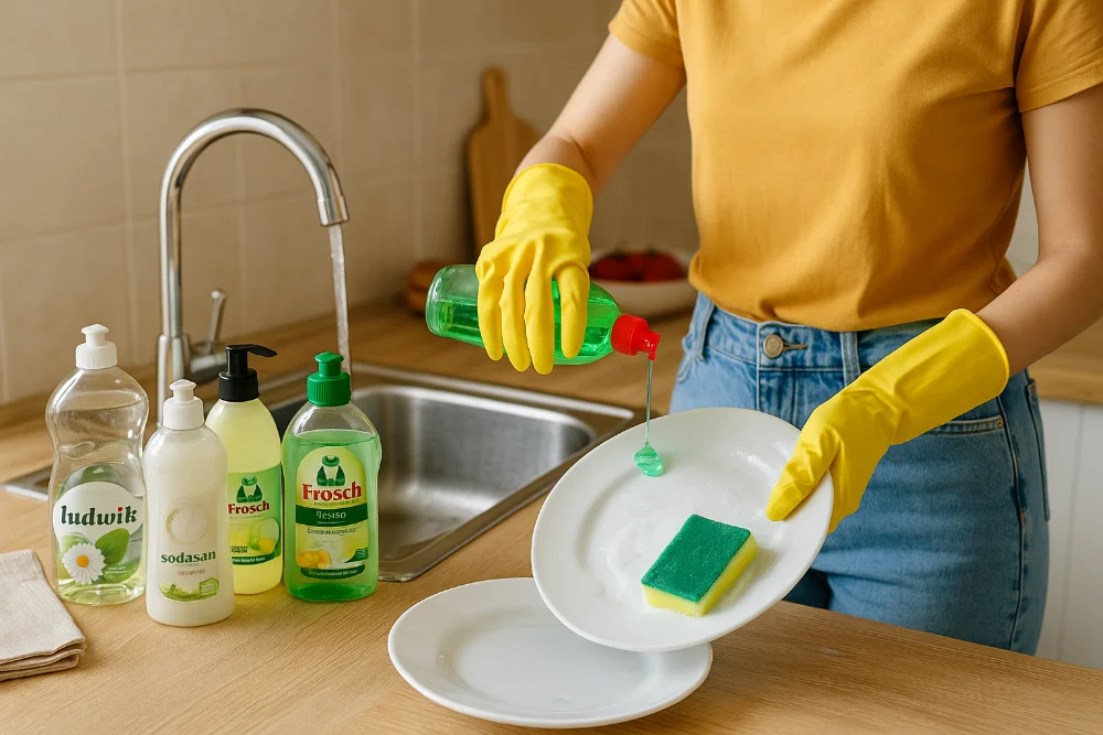 Людина миє посуд із різними засобами, сучасна кухня, яскраві кольори