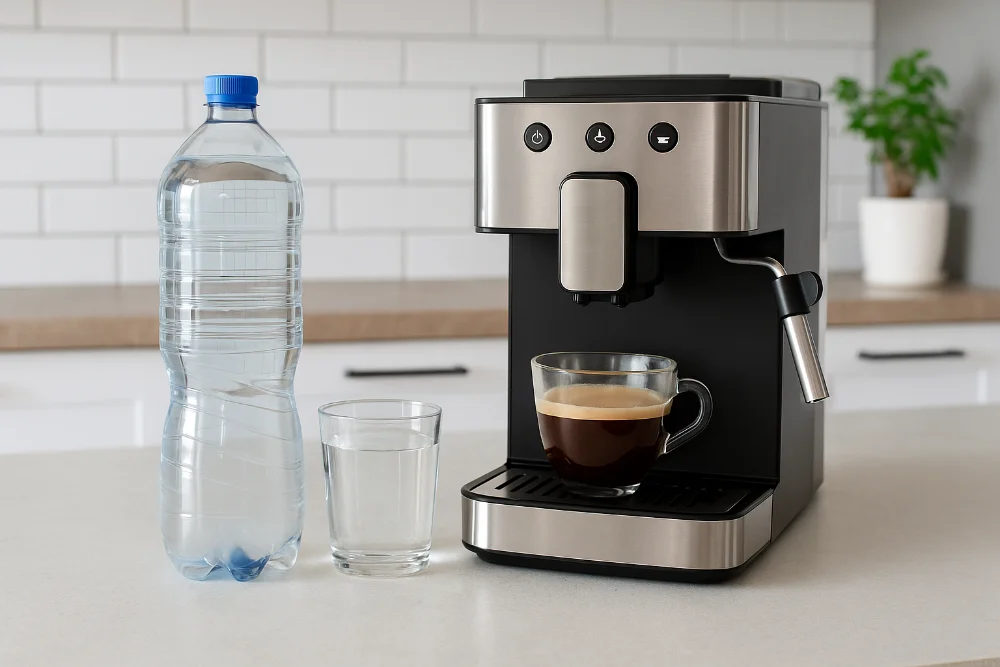 Сучасна кухня з кавомашиною, пляшкою води та склянкою на столі