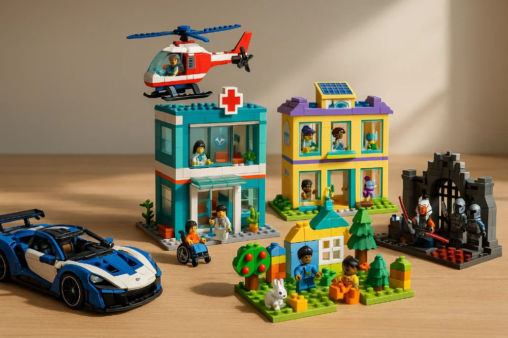 На фото зображено п’ять нових наборів LEGO 2025: Technic, City, Friends, Duplo і Star Wars