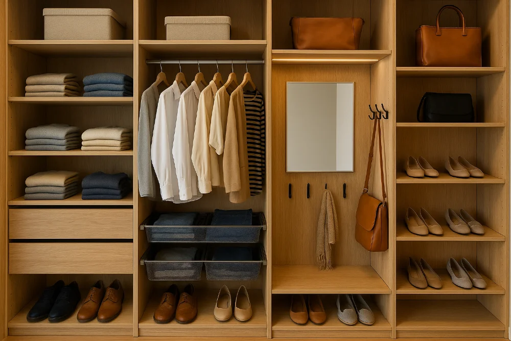 Простора сучасна гардеробна з відкритими полицями, вішалками та зручним зберіганням одягу і взуття