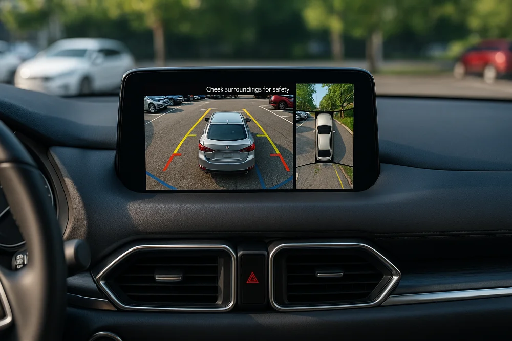 Екран автомобіля з відображенням панорамного огляду 360 градусів під час паркування