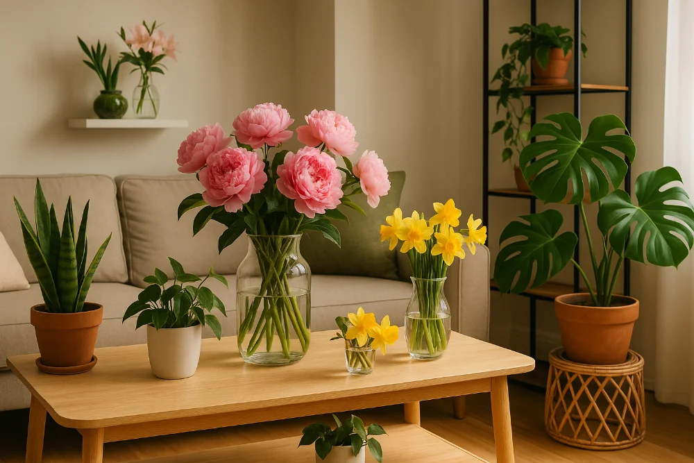 Світла вітальня з живими квітами у вазах та кімнатними рослинами