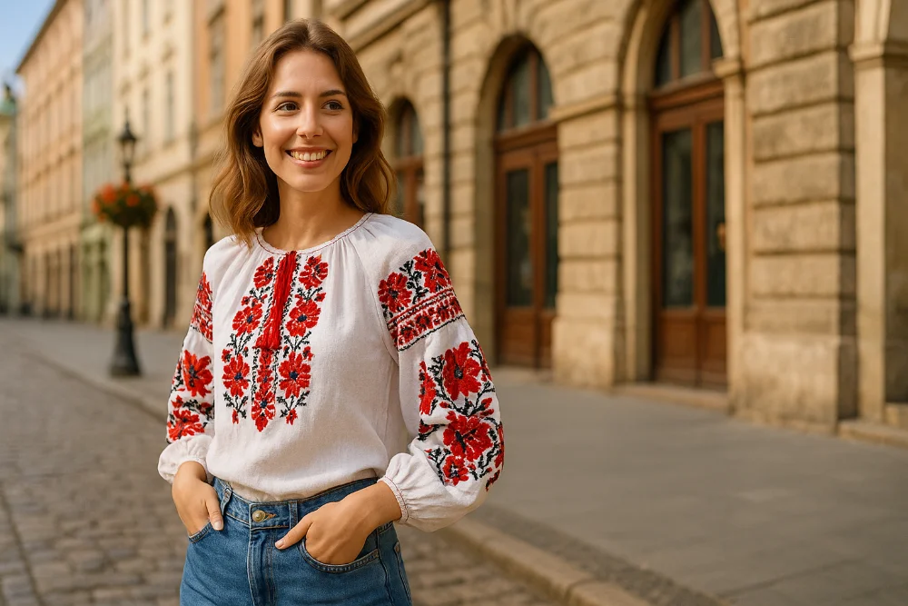 Дівчина у вишиванці з червоним орнаментом та джинсами на фоні історичної архітектури