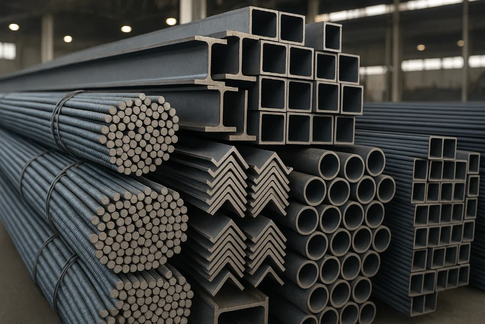 Профілі, арматура, труби та балки з металу, складовані на складі
