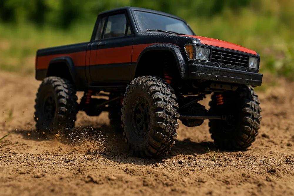 Радіокерована офроуд модель їде по піщаній місцевості з пилом