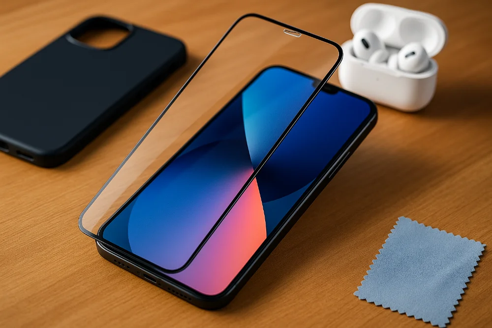 Смартфон із загартованим склом, чохлом, Bluetooth-гарнітурою та серветкою на столі