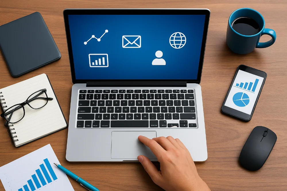 Сучасний робочий стіл із ноутбуком, смартфоном, графіками та офісним приладдям