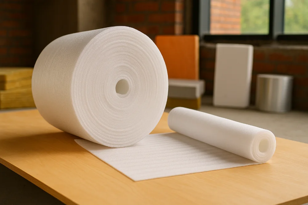 Великий і малий рулони спіненого пінополіетилену на дерев’яній поверхні