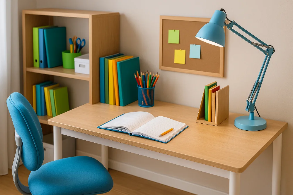 Ергономічне робоче місце школяра з яскравими папками, лампою та органайзерами