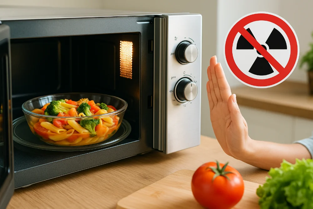 Жінка зупиняє жестом руку біля мікрохвильовки з їжею всередині