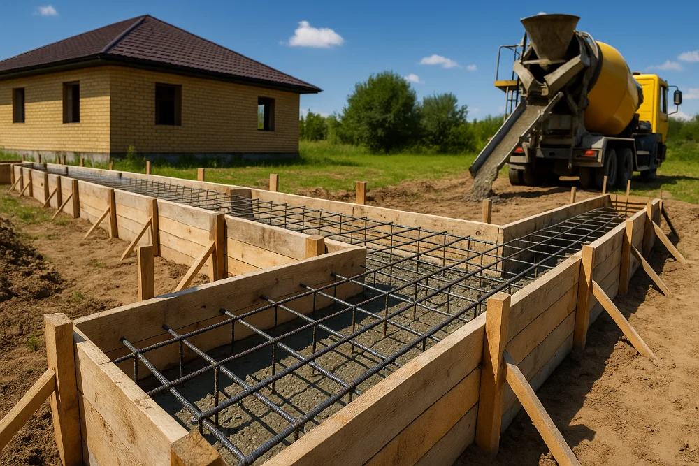 Бетонозмішувач заливає бетон у стрічковий фундамент з арматурою