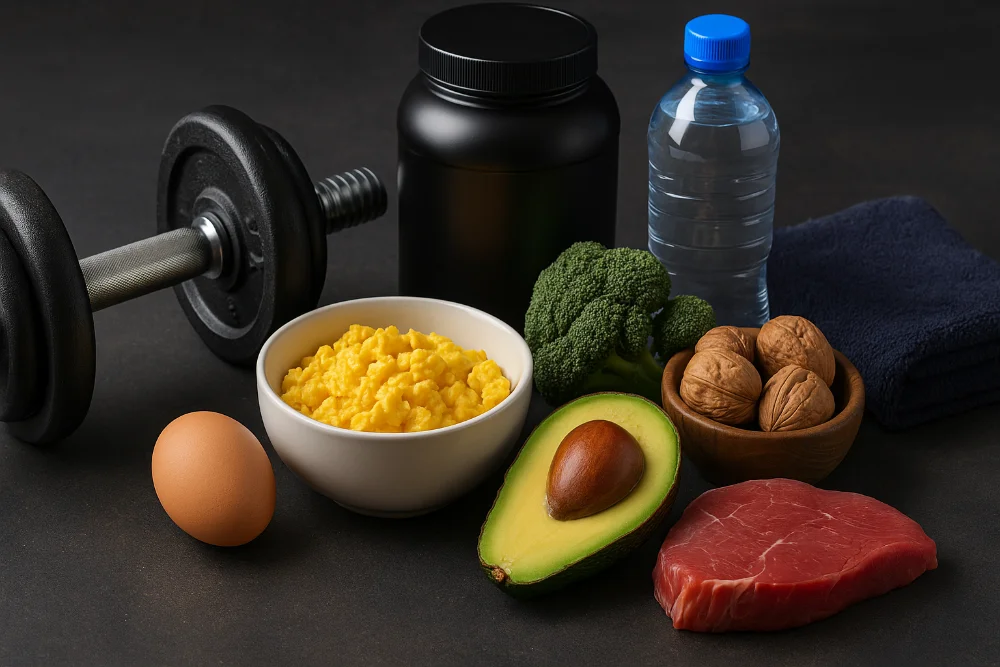 Зображення білкової їжі, авокадо, штанги та добавок для гормонального балансу