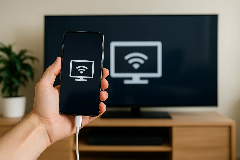 Людина підключає телефон до телевізора через кабель у вітальні