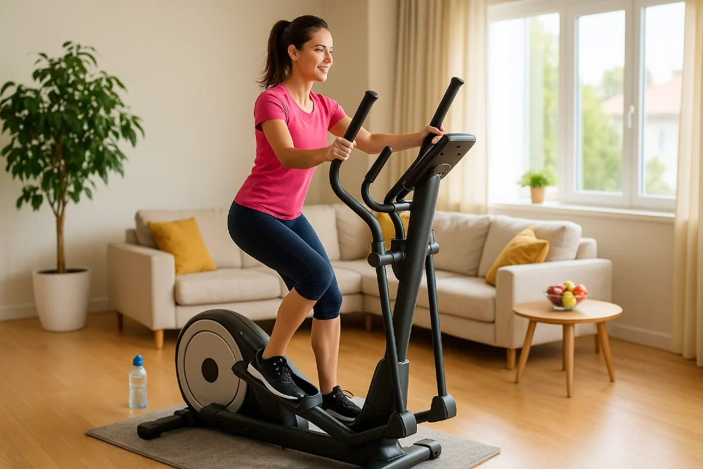 Жінка тренується на орбітреку у світлій кімнаті з вікнами та диваном