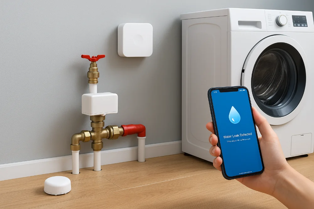 Сучасна ванна кімната з розумним датчиком протікання та телефоном зі сповіщенням