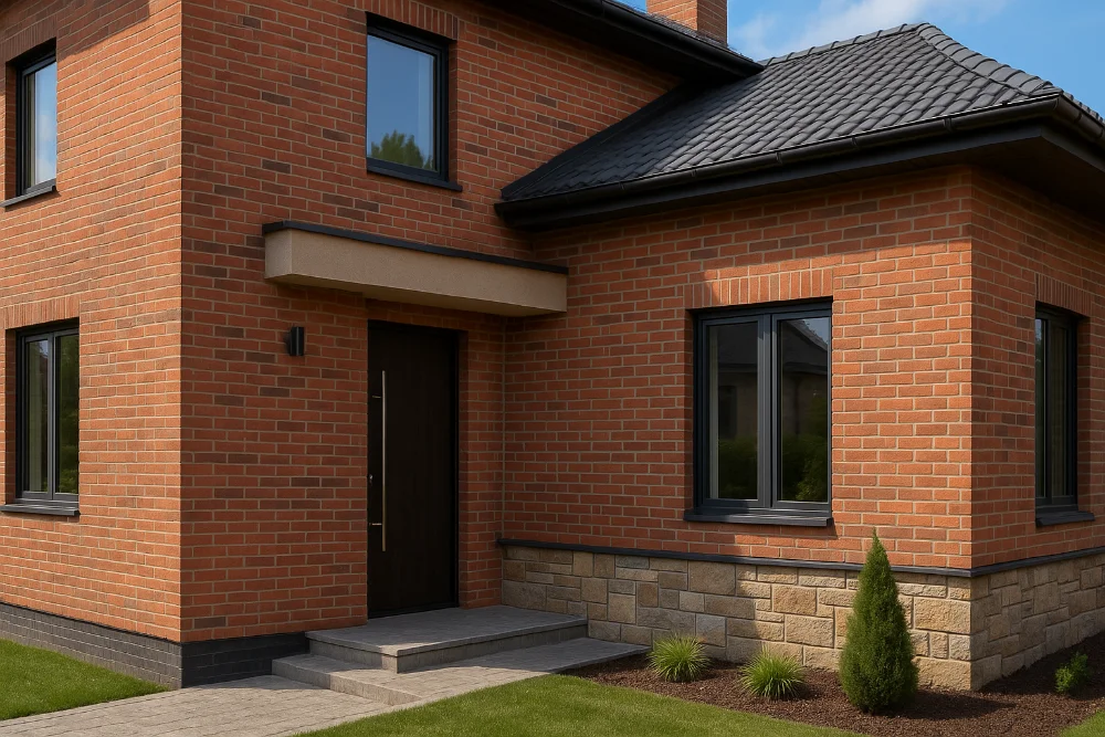 Фасад приватного будинку з клінкерною плиткою та цокольним оздобленням