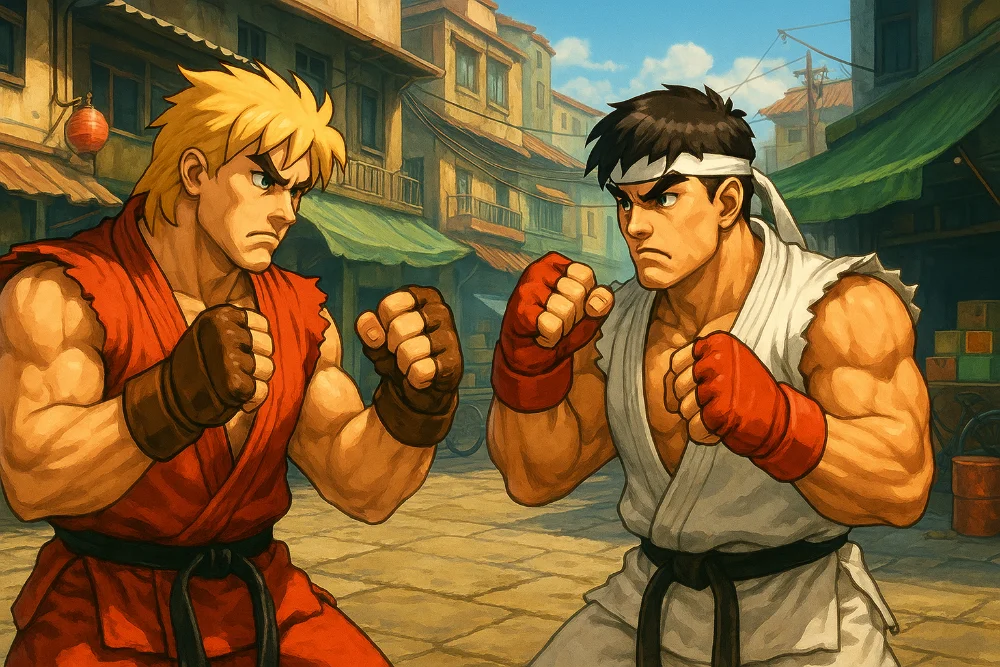 Двоє персонажів файтинг-гри в позі бою на міській арені зі східним антуражем