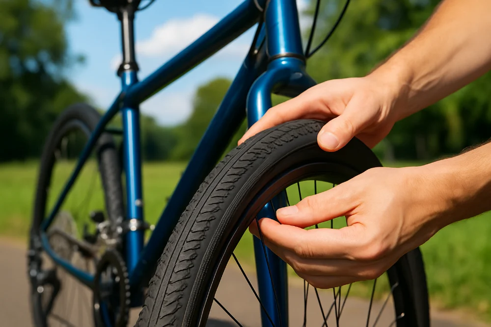 Людина перевіряє велосипедну шину на міському велосипеді серед природи
