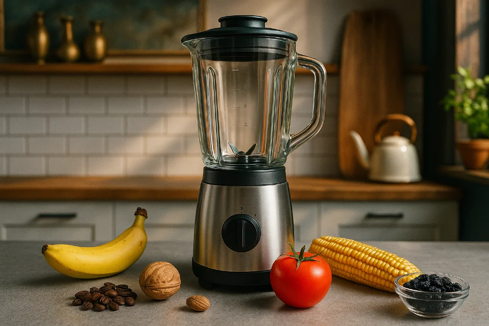 Ексклюзивний інтер’єр кухні з блендером і яскравими продуктами