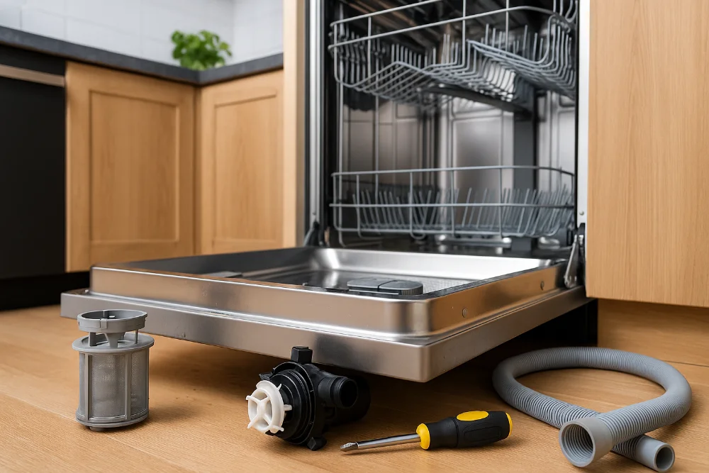 Відкрита посудомийна машина з деталями для ремонту — фільтром, помпою та дренажним шлангом