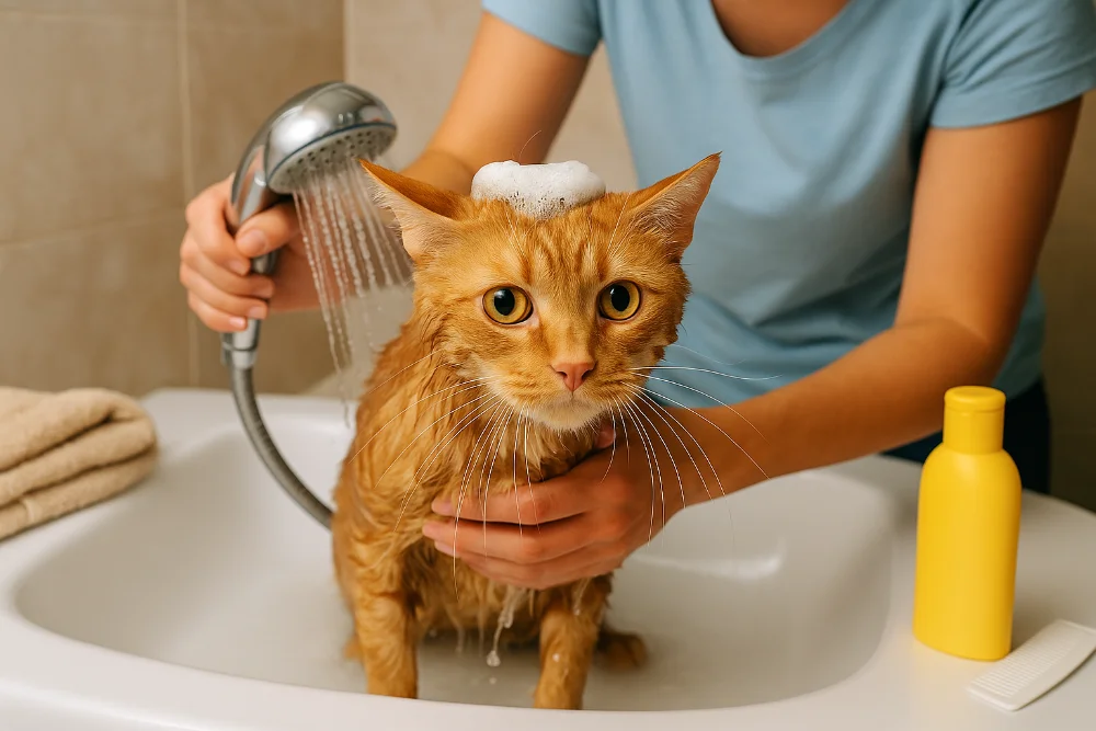 Господар миє рудого кота у ванні під душем із шампунем та рушником поруч