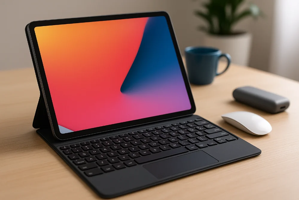 Планшет у чохлі з клавіатурою та аксесуарами на світлому столі