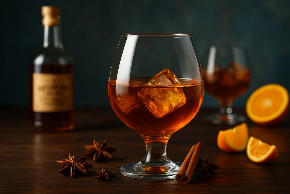 Склянка пряного рому з льодом, корицею та анісом на дерев’яному столі з апельсином