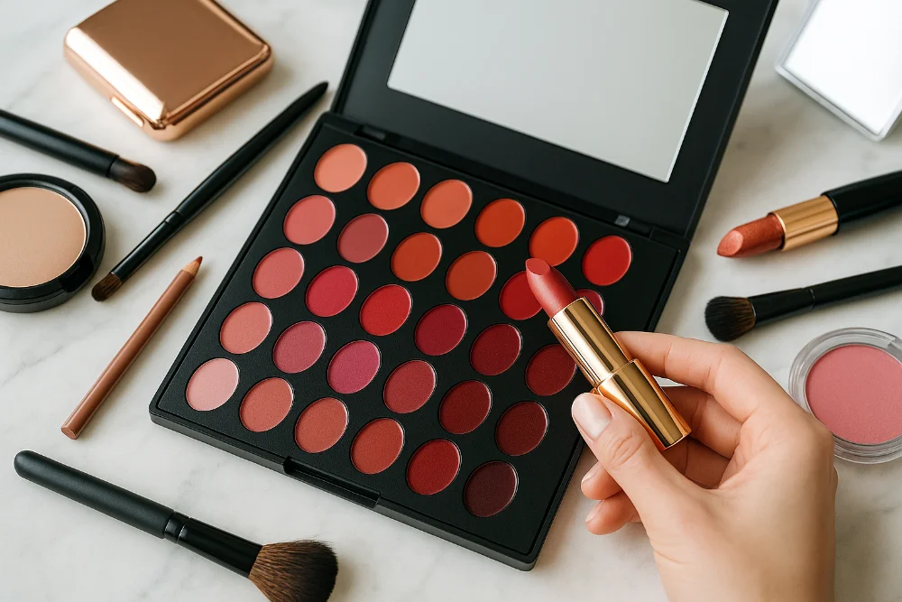 Рука тримає червону помаду поруч із палітрою відтінків та аксесуарами для макіяжу