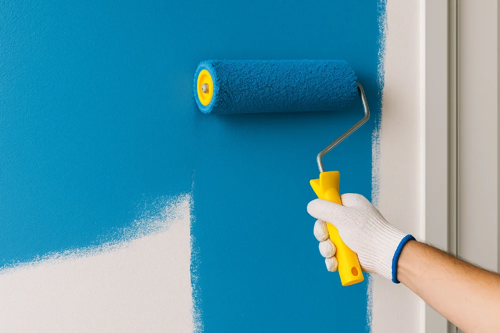 Процес фарбування стіни синьою фарбою за допомогою валика