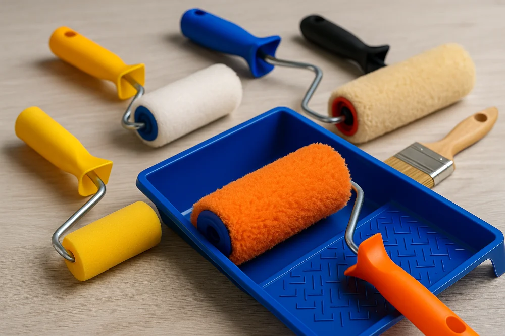 Набір різних малярних валиків та пензель для фарбування на робочій поверхні