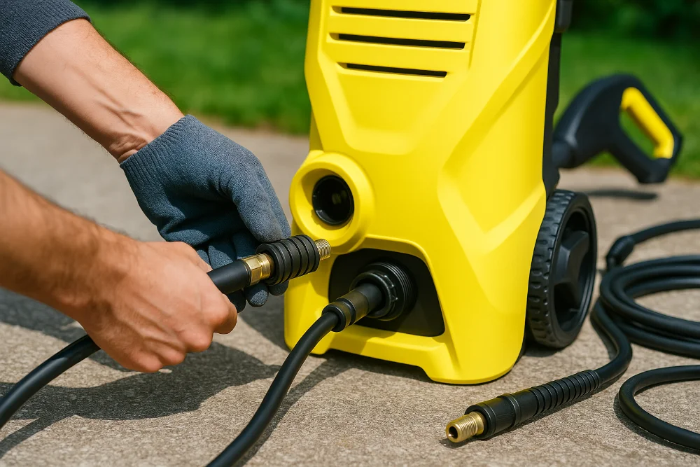 Людина підключає новий шланг до апарата Kärcher на відкритому майданчику