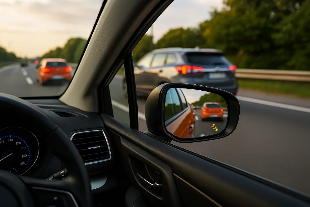 Вид з салону авто з увімкненим індикатором моніторингу сліпої зони у дзеркалі