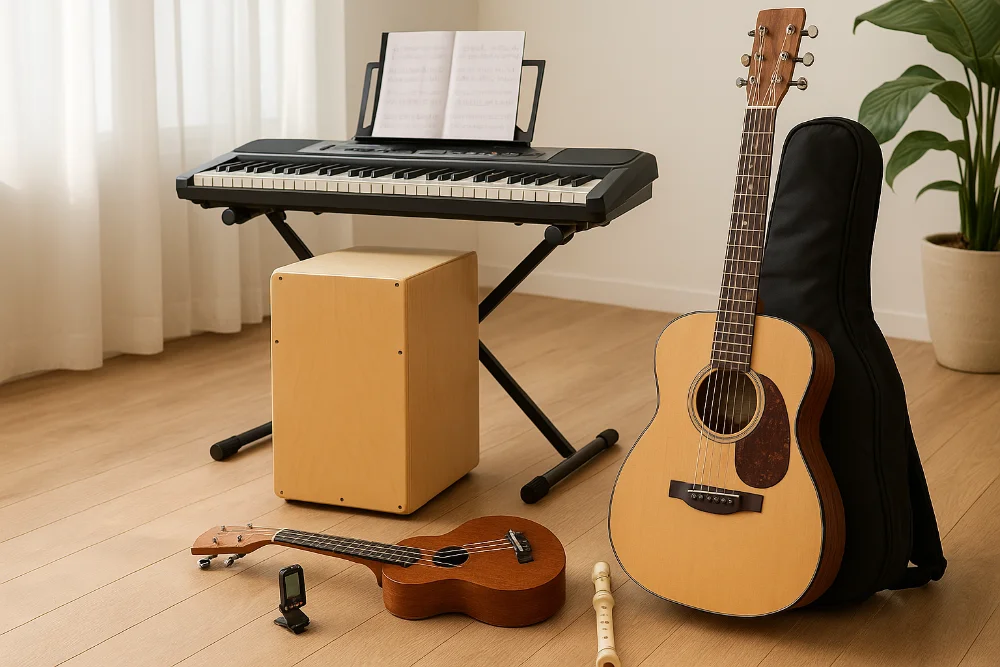 Набір музичних інструментів для новачків — гітара, укулеле, клавішні, кахон та блокфлейта в кімнаті