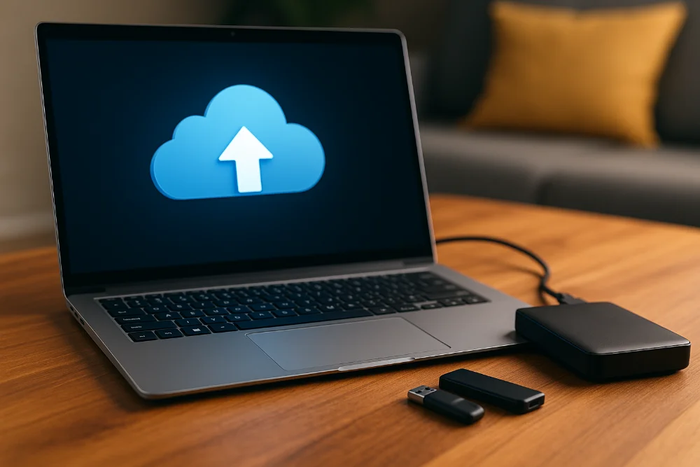 Ноутбук із зовнішнім диском, флешкою та хмарним зберіганням для резервної копії