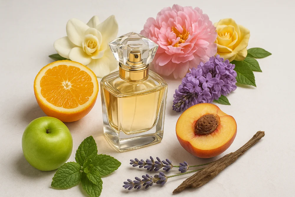 Флакон парфумів серед фруктів і квітів у композиції парфумерної піраміди