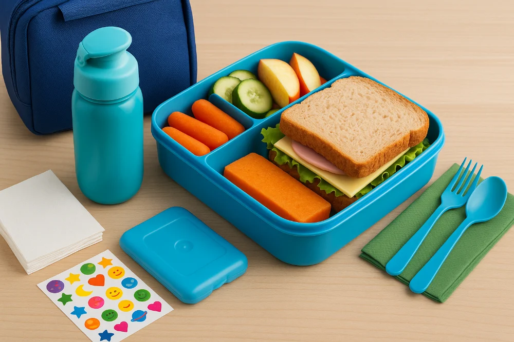 Яскравий набір для ланчу з контейнером, пляшкою, приборами та овочами