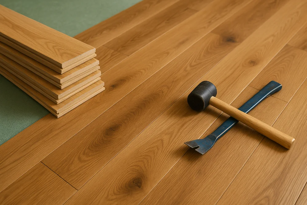 Дубові дошки для підлоги з інструментами на зеленій підкладці, процес укладання